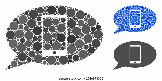 Smartphone message mosaic of filled circles in various sizes and color tints, based on smartphone message icon. Vector random circles are organized into blue mosaic.