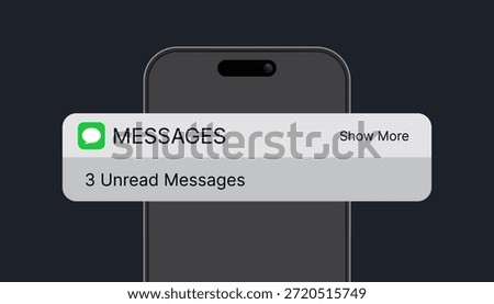 Smartphone Message Notification Banner Vector – Unread Messages Alert UI, Mobile App Push Notification Interface on Dark Background