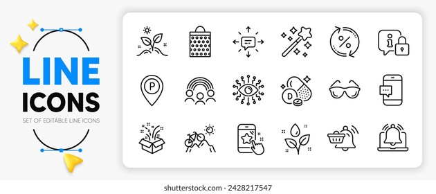 El mensaje del teléfono inteligente, el carro de notificaciones y los iconos de la línea de planta Grow establecidos para la aplicación incluyen la clasificación de estrellas, vitamina D, el icono delgado del contorno del riego de las plantas. Bolsa de compras, aparcamiento. Vector
