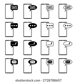 Mensaje de teléfono inteligente y conjunto de iconos de notificación aislados en blanco. Iconos móviles del vector de la burbuja del SMS, del email, y del chat para el diseño móvil de la interfaz del App, las Páginas de contacto del Sitio web, y los materiales de la comercialización digital