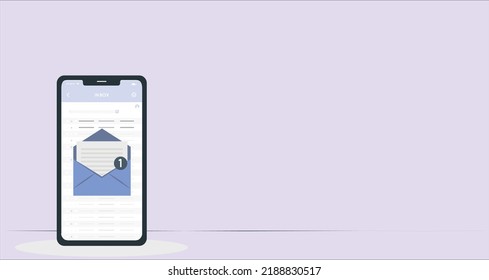 Smartphone with message notification. Notice on message. New email notification on the phone screen. Envelope with new message. Email smartphone notification in a flat design. 