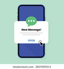 Smartphone message notification vector illustration featuring mobile chat popup interface ideal for communication applications social media technology presentations user experience design and digital marketing materials