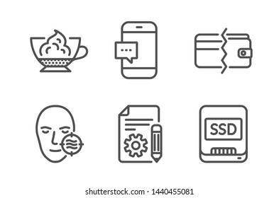 Smartphone message, Problem skin and Espresso cream icons simple set. Documentation, Payment methods and Ssd signs. Cellphone chat, Facial care. Line smartphone message icon. Editable stroke. Vector