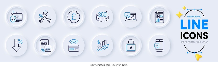 Smartphone message, Report document and Cut tax line icons for web app. Pack of Pound money, Rise price, Smile pictogram icons. 360 degrees, Contactless payment, Calendar tax signs. Lock. Vector