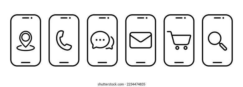 Smartphone message, shopping, chatting search browser icons vector