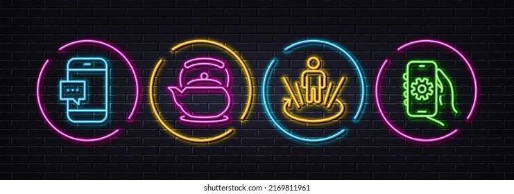 Smartphone message, Teapot and Augmented reality minimal line icons. Neon laser 3d lights. App settings icons. For web, application, printing. Cellphone chat, Tea kettle, Virtual reality. Vector