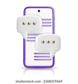 Smartphone with messages 3d vector. Speech bubble, text message, social media comment.
