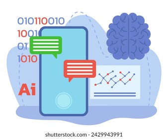 Smartphone with messages between human and chatbot vector illustration. Using mobile phone with AI application with AI brains and  neural networks. Artificial Intelligence, innovation concept.