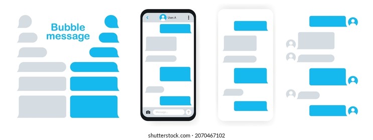 Smartphone with messaging app. Screen phone with message bubbles. Sms text frame template. Chatting communication concept. Vector illustration.
