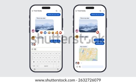 Smartphone Messaging App UI Mockup with Chat Bubbles, Emojis, and Location Sharing – Mobile Interface Template. Vector.