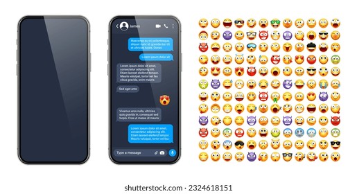 Smartphone messaging app, user interface with emoji. SMS text frame. Chat screen, blue message bubbles. Texting app for communication. Social media application. Dark mode. Vector illustration