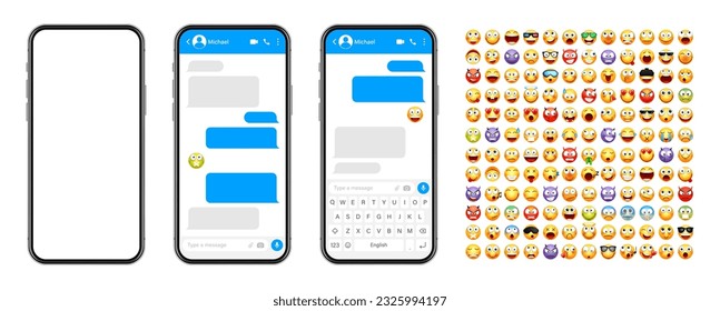 Smartphone messaging app, user interface design with emoji. SMS text frame. Chat screen with blue message bubbles. Texting app for communication. Social media application. Vector illustration