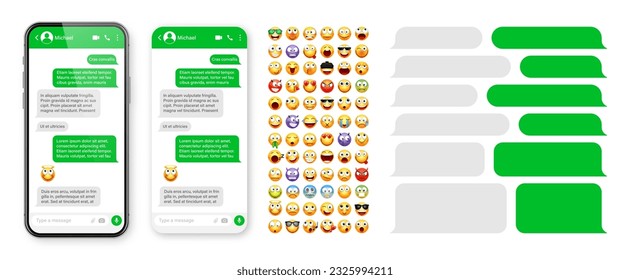 Smartphone-Messaging-App, User-Interface-Design mit Emoji. SMS-Textrahmen. Chatbildschirm mit grünen Nachrichtenblasen. SMS-App für Kommunikation. Social Media-Anwendung. Vektorgrafik