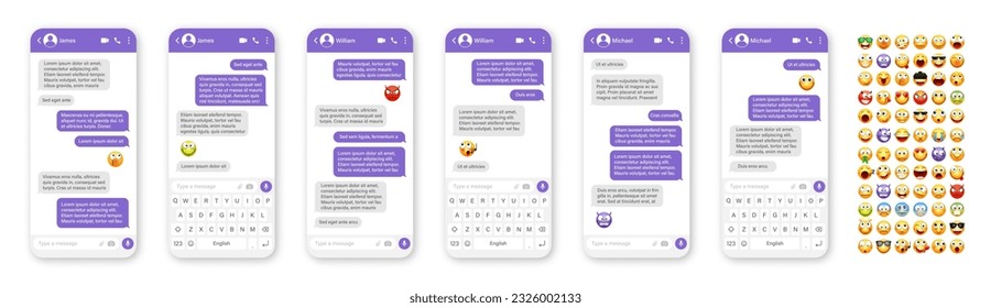 Smartphone messaging app, user interface design with emoji. SMS text frame. Chat screen with violet message bubbles. Texting app for communication. Social media application. Vector illustration