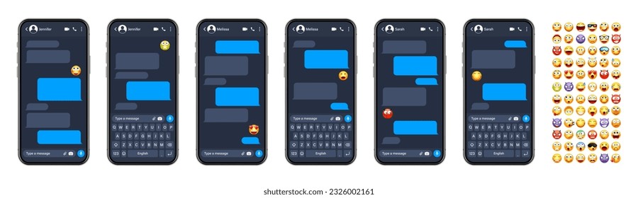 Smartphone messaging app, user interface with emoji. SMS text frame. Chat screen, blue message bubbles. Texting app for communication. Social media application. Dark mode. Vector illustration