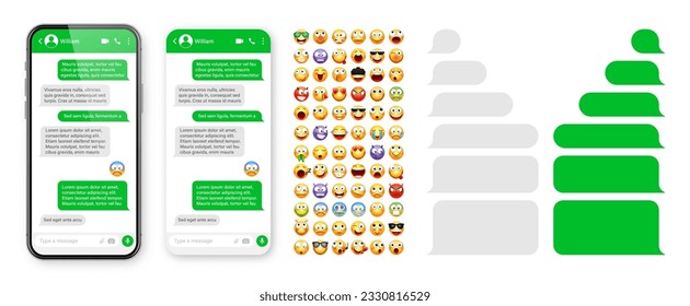 Smartphone messaging app, user interface design with emoji. SMS text frame. Chat screen with green message bubbles. Texting app for communication. Social media application. Vector illustration