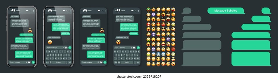 Smartphone messaging app, user interface with emoji. SMS text frame. Chat screen, green message bubbles. Texting app for communication. Social media application. Dark mode. Vector illustration