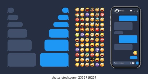 Smartphone messaging app, user interface with emoji. SMS text frame. Chat screen, blue message bubbles. Texting app for communication. Social media application. Dark mode. Vector illustration