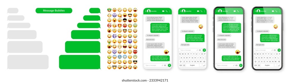 Smartphone messaging app, user interface design with emoji. SMS text frame. Chat screen with green message bubbles. Texting app for communication. Social media application. Vector illustration