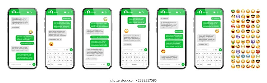 Smartphone messaging app, user interface design with emoji. SMS text frame. Chat screen with green message bubbles. Texting app for communication. Social media application. Vector illustration