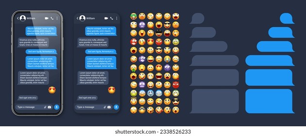 Smartphone messaging app, user interface with emoji. SMS text frame. Chat screen, blue message bubbles. Texting app for communication. Social media application. Dark mode. Vector illustration