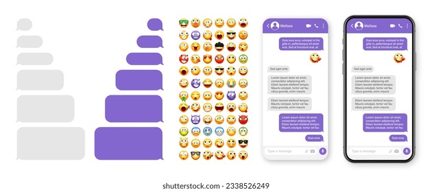 Smartphone messaging app, user interface design with emoji. SMS text frame. Chat screen with violet message bubbles. Texting app for communication. Social media application. Vector illustration