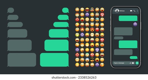 Smartphone messaging app, user interface with emoji. SMS text frame. Chat screen, green message bubbles. Texting app for communication. Social media application. Dark mode. Vector illustration