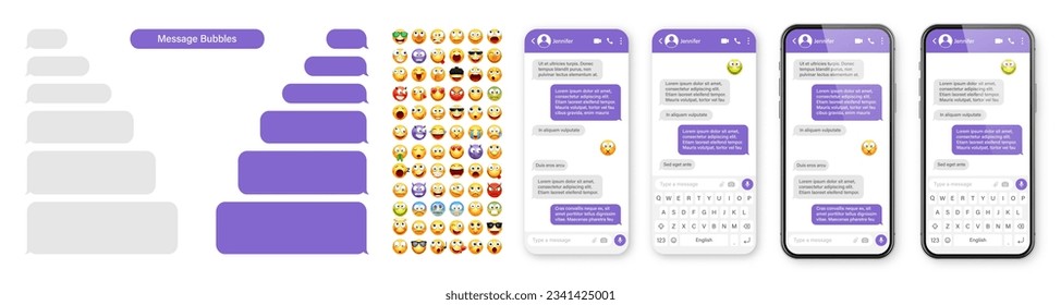 Smartphone messaging app, user interface design with emoji. SMS text frame. Chat screen with violet message bubbles. Texting app for communication. Social media application. Vector illustration