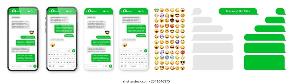 Smartphone messaging app, user interface design with emoji. SMS text frame. Chat screen with green message bubbles. Texting app for communication. Social media application. Vector illustration