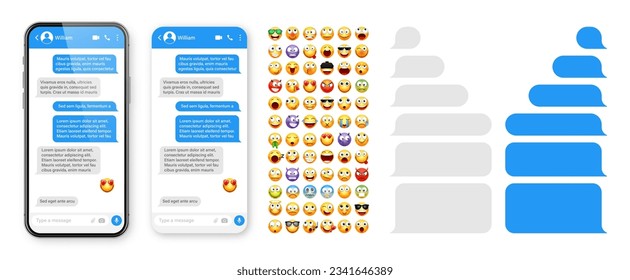 Smartphone messaging app, user interface design with emoji. SMS text frame. Chat screen with blue message bubbles. Texting app for communication. Social media application. Vector illustration