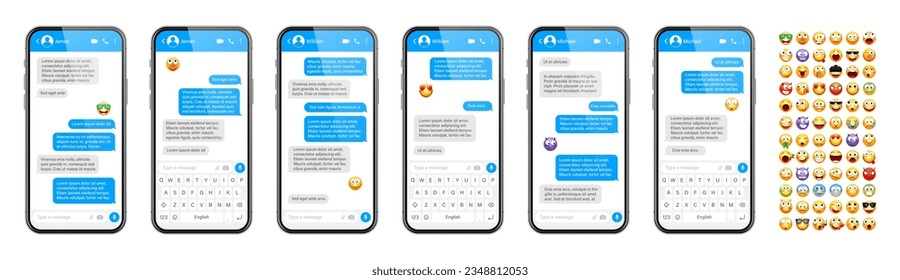 Smartphone messaging app, user interface design with emoji. SMS text frame. Chat screen with blue message bubbles. Texting app for communication. Social media application. Vector illustration