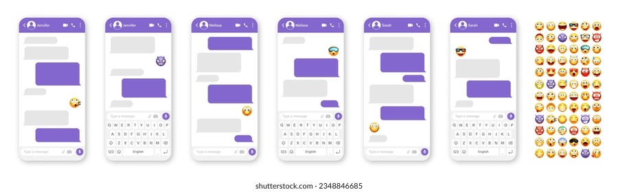 Smartphone messaging app, user interface design with emoji. SMS text frame. Chat screen with violet message bubbles. Texting app for communication. Social media application. Vector illustration