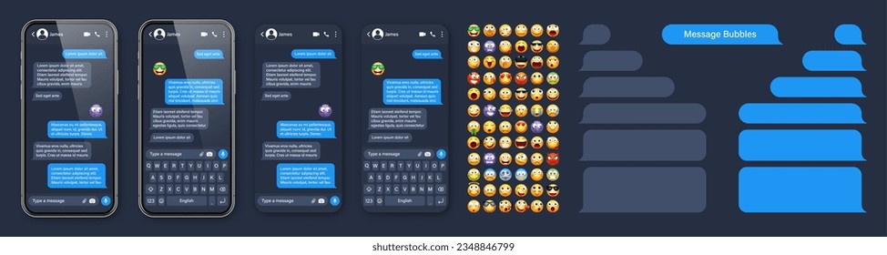 Aplicación de mensajería Smartphone, interfaz de usuario con emoji. Marco de texto SMS. Pantalla de chat, burbujas de mensajes azules. Aplicación de mensajería. Aplicación de medios sociales. Modo oscuro. Ilustración del vector