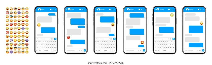 Smartphone messaging app, user interface design with emoji. SMS text frame. Chat screen with blue message bubbles. Texting app for communication. Social media application. Vector illustration.