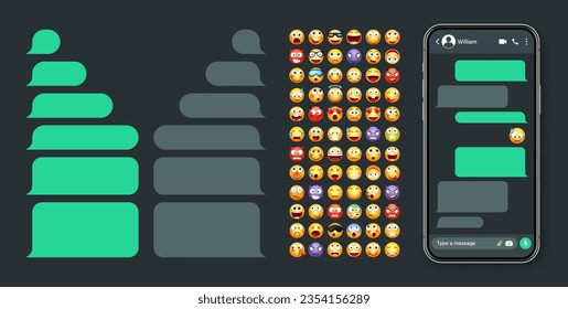 Smartphone messaging app, user interface with emoji. SMS text frame. Chat screen, green message bubbles. Texting app for communication. Social media application. Dark mode. Vector illustration.