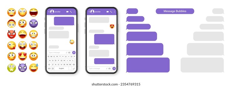 Smartphone messaging app, user interface design. SMS text frame. Chat screen with violet message bubbles. Texting app for communication. Social media application. Vector illustration.