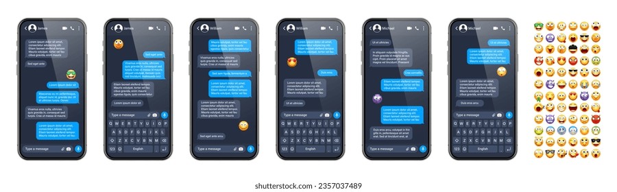 Aplicación de mensajería Smartphone, interfaz de usuario con emoji. Marco de texto SMS. Pantalla de chat, burbujas de mensajes azules. Aplicación de mensajería. Aplicación de medios sociales. Modo oscuro. Ilustración del vector