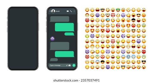 Smartphone messaging app, user interface with emoji. SMS text frame. Chat screen, green message bubbles. Texting app for communication. Social media application. Dark mode. Vector illustration