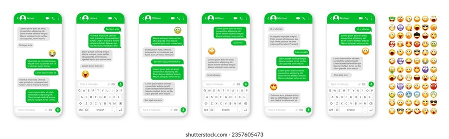 Smartphone messaging app, user interface design with emoji. SMS text frame. Chat screen with green message bubbles. Texting app for communication. Social media application. Vector illustration