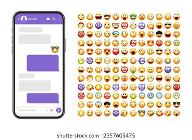 Smartphone messaging app, user interface design with emoji. SMS text frame. Chat screen with violet message bubbles. Texting app for communication. Social media application. Vector illustration