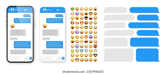 Aplicación de mensajería Smartphone, diseño de interfaz de usuario con emoji. Marco de texto SMS. Pantalla de conversación con burbujas de mensajes azules. Aplicación de mensajería. Aplicación de medios sociales. Ilustración del vector