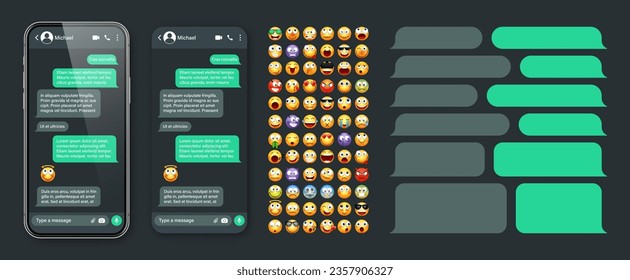 Smartphone messaging app, user interface with emoji. SMS text frame. Chat screen, green message bubbles. Texting app for communication. Social media application. Dark mode. Vector illustration