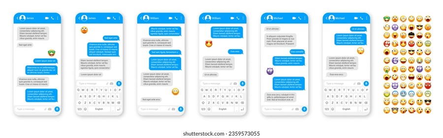 Smartphone messaging app, user interface design with emoji. SMS text frame. Chat screen with blue message bubbles. Texting app for communication. Social media application. Vector illustration