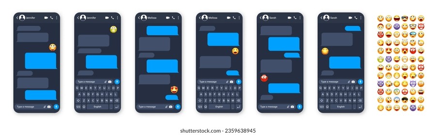 Smartphone messaging app, user interface with emoji. SMS text frame. Chat screen, blue message bubbles. Texting app for communication. Social media application. Dark mode. Vector illustration