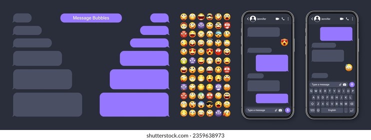 Smartphone messaging app, user interface with emoji. SMS text frame. Chat screen, violet message bubbles. Texting app for communication. Social media application. Dark mode. Vector illustration