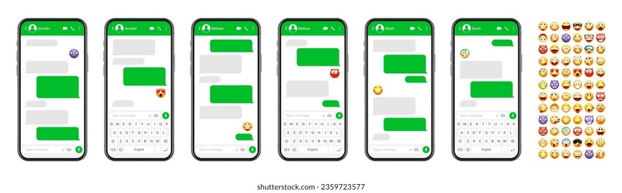 Smartphone messaging app, user interface design with emoji. SMS text frame. Chat screen with green message bubbles. Texting app for communication. Social media application. Vector illustration