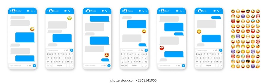 Smartphone-Messaging-App, User-Interface-Design mit Emoji. SMS-Textrahmen. Chat-Bildschirm mit blauen Nachrichtenblasen. SMS-App für Kommunikation. Social Media-Anwendung. Vektorgrafik