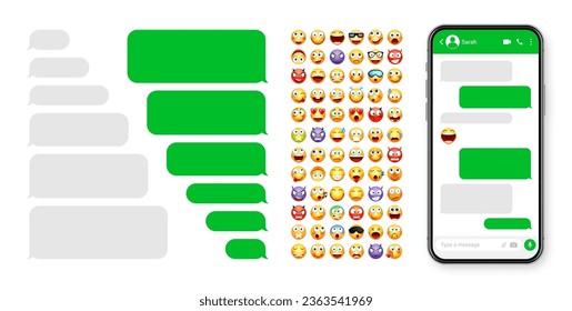 Smartphone messaging app, user interface design with emoji. SMS text frame. Chat screen with green message bubbles. Texting app for communication. Social media application. Vector illustration