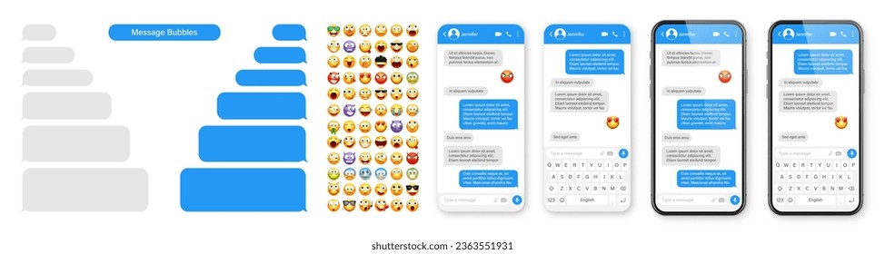 Smartphone messaging app, user interface design with emoji. SMS text frame. Chat screen with blue message bubbles. Texting app for communication. Social media application. Vector illustration