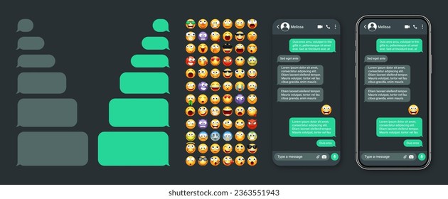 Smartphone messaging app, user interface with emoji. SMS text frame. Chat screen, green message bubbles. Texting app for communication. Social media application. Dark mode. Vector illustration